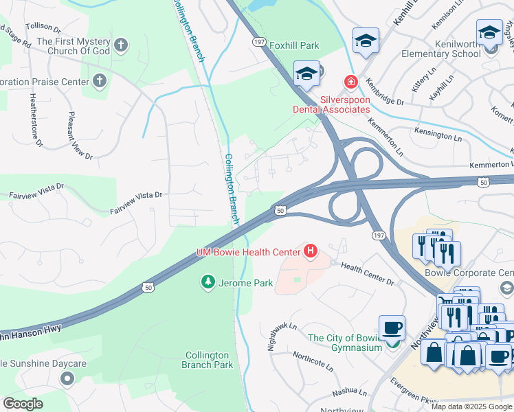 map of restaurants, bars, coffee shops, grocery stores, and more near 4602 Collington Road in Bowie