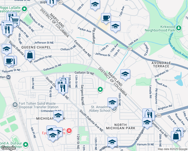 map of restaurants, bars, coffee shops, grocery stores, and more near 1261 Gallatin Street Northeast in Washington