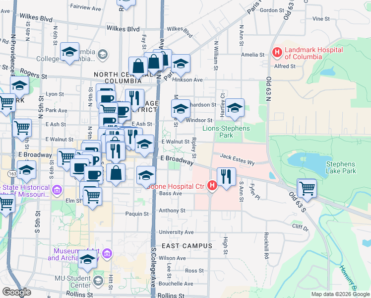 map of restaurants, bars, coffee shops, grocery stores, and more near 1412 East Walnut Street in Columbia