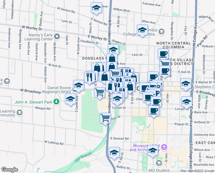 map of restaurants, bars, coffee shops, grocery stores, and more near 219 East Broadway in Columbia