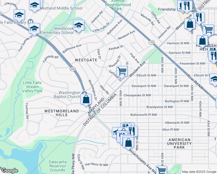 map of restaurants, bars, coffee shops, grocery stores, and more near 4910 Berkley Street in Bethesda