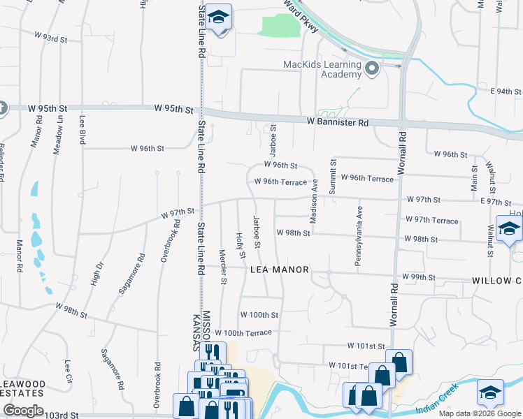 map of restaurants, bars, coffee shops, grocery stores, and more near 9704 Jarboe Street in Kansas City