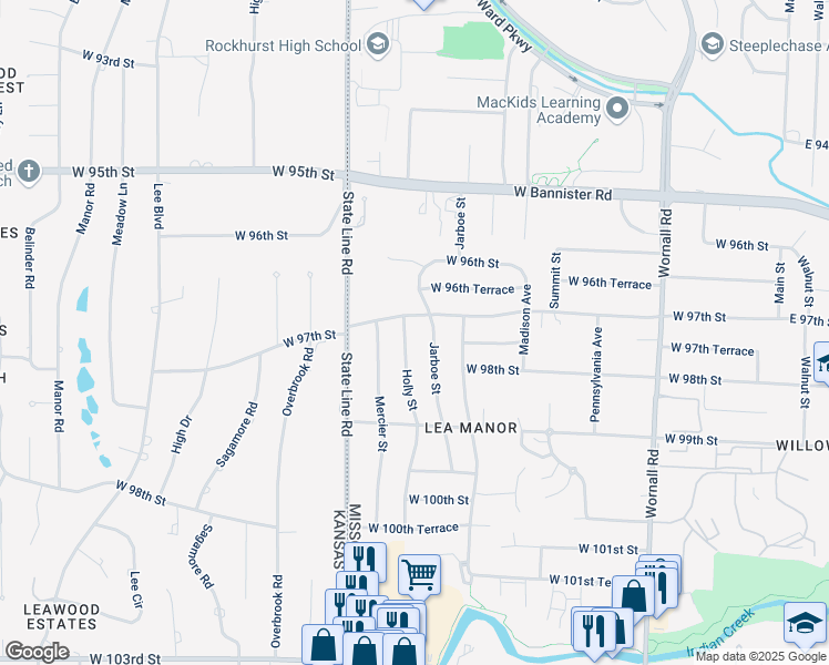 map of restaurants, bars, coffee shops, grocery stores, and more near 9704 Jarboe Street in Kansas City