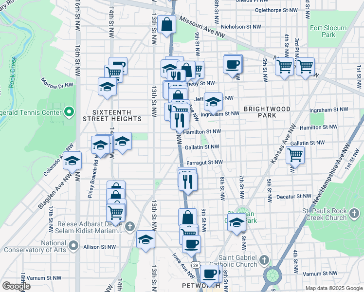map of restaurants, bars, coffee shops, grocery stores, and more near 5111 Georgia Avenue Northwest in Washington