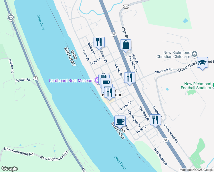 map of restaurants, bars, coffee shops, grocery stores, and more near 112 Main Street in New Richmond