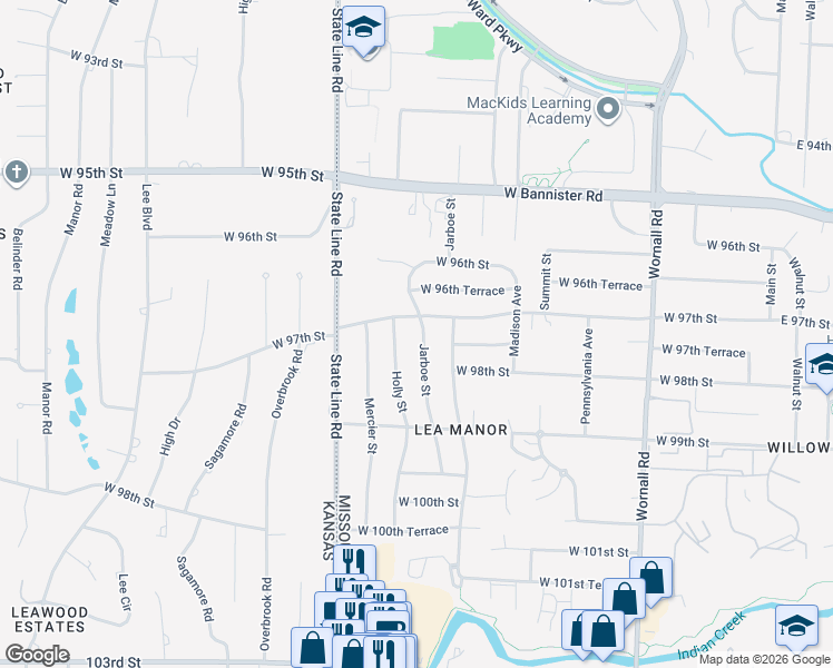 map of restaurants, bars, coffee shops, grocery stores, and more near 9704 Jarboe Street in Kansas City