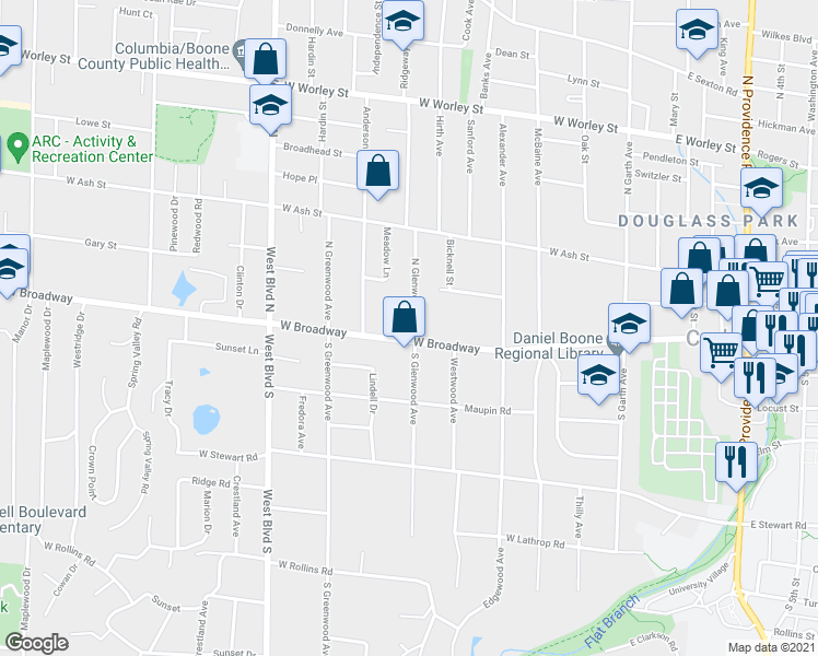 map of restaurants, bars, coffee shops, grocery stores, and more near 703 West Broadway in Columbia