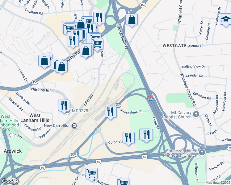 map of restaurants, bars, coffee shops, grocery stores, and more near 4700 Garden City Drive in Hyattsville