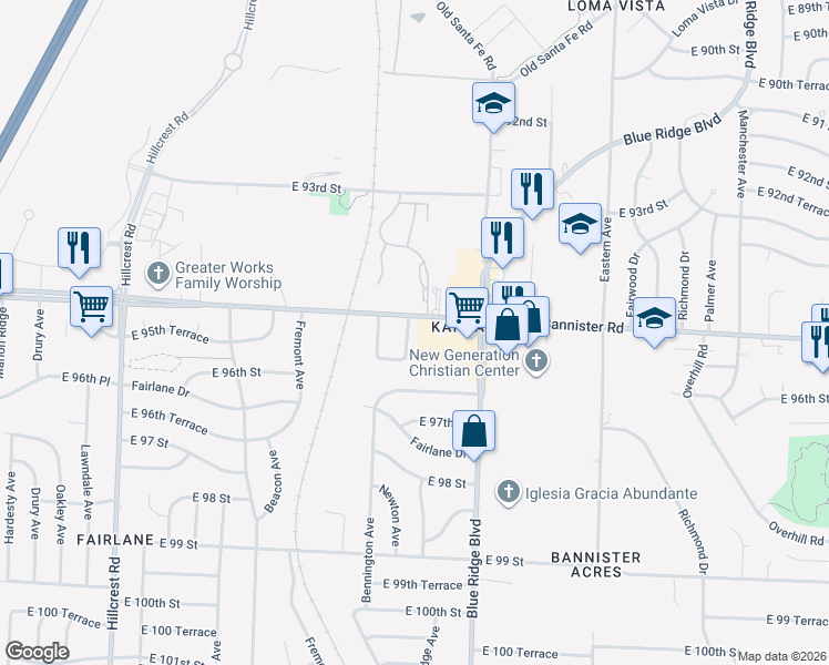 map of restaurants, bars, coffee shops, grocery stores, and more near 9505 Newton Avenue in Kansas City