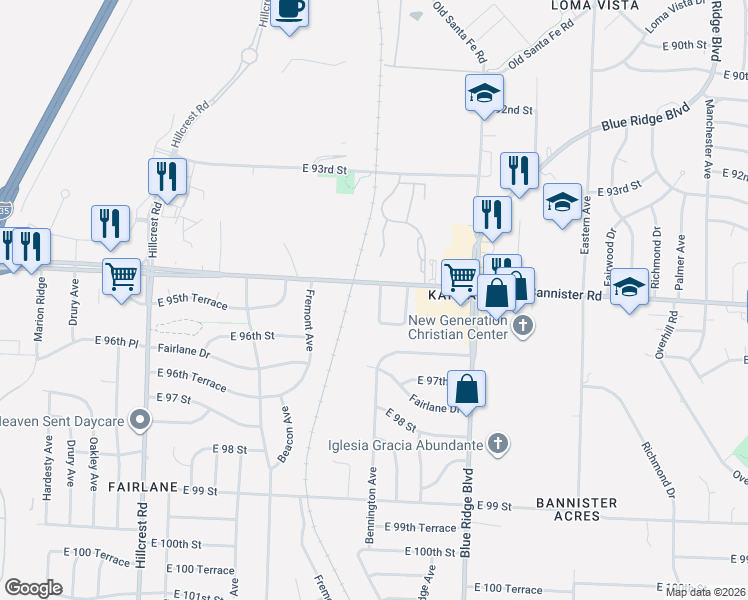 map of restaurants, bars, coffee shops, grocery stores, and more near 9505 Bennington Avenue in Kansas City