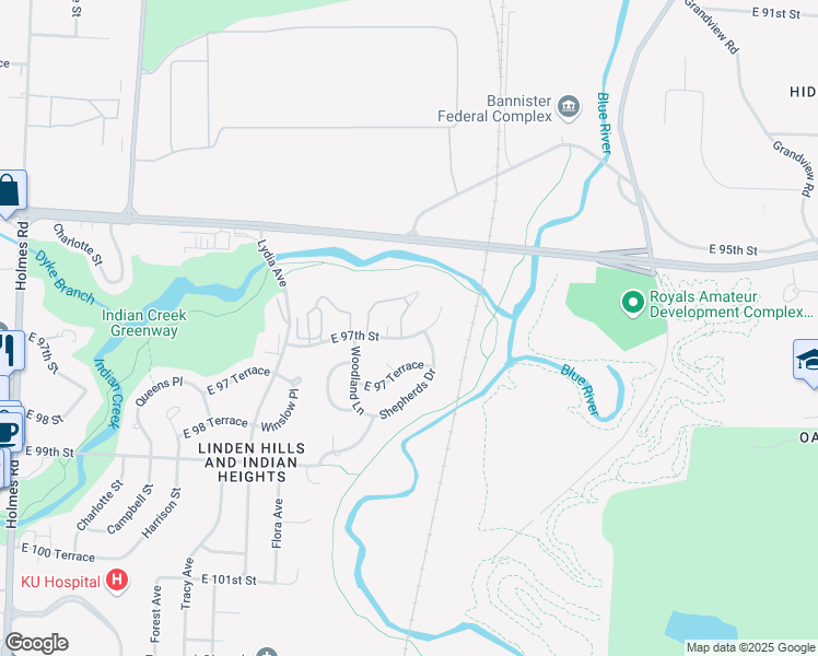 map of restaurants, bars, coffee shops, grocery stores, and more near 1804 East 97th Street in Kansas City