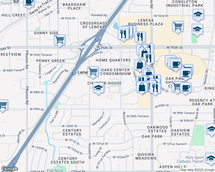 map of restaurants, bars, coffee shops, grocery stores, and more near 12341 West 97th Terrace in Lenexa