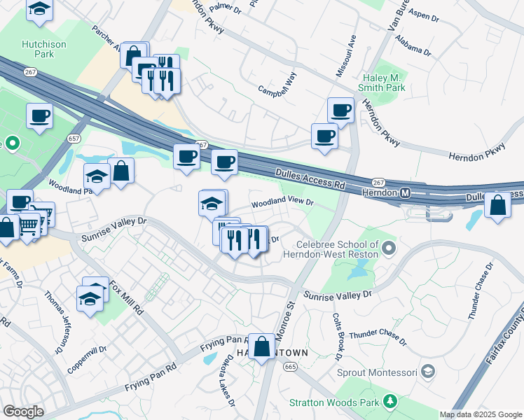 map of restaurants, bars, coffee shops, grocery stores, and more near 12911 Sunrise Ridge Alley in Herndon