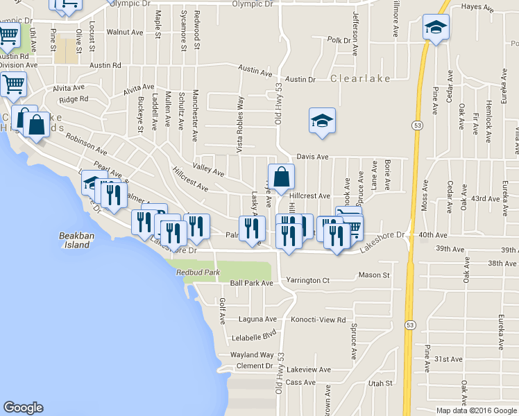 map of restaurants, bars, coffee shops, grocery stores, and more near 4352 Lasky Avenue in Clearlake
