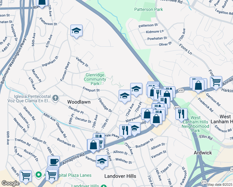 map of restaurants, bars, coffee shops, grocery stores, and more near 7014 Freeport Street in Hyattsville