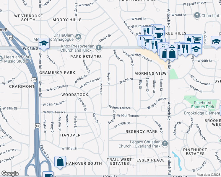 map of restaurants, bars, coffee shops, grocery stores, and more near 9703 Hayes Drive in Overland Park
