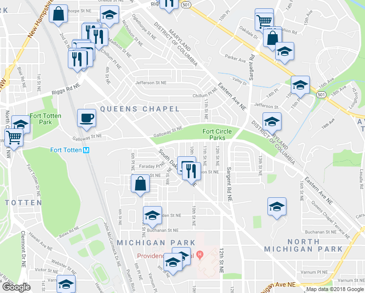 map of restaurants, bars, coffee shops, grocery stores, and more near 5085 8th Street Northeast in Washington