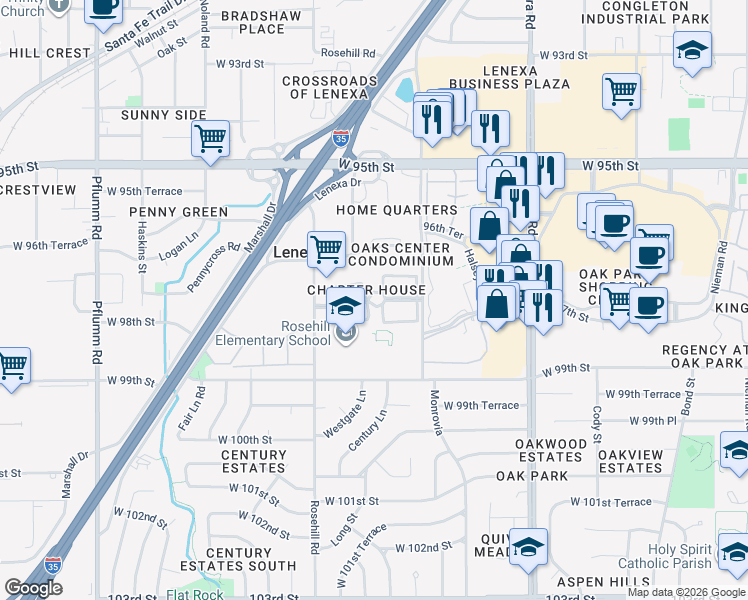map of restaurants, bars, coffee shops, grocery stores, and more near 12445 West 97th Terrace in Lenexa