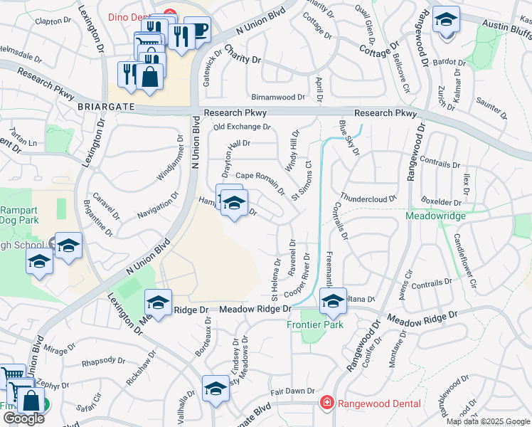 map of restaurants, bars, coffee shops, grocery stores, and more near 3495 Plantation Grove in Colorado Springs