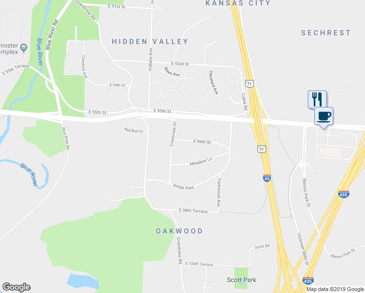 map of restaurants, bars, coffee shops, grocery stores, and more near 3701 East 96th Street in Kansas City