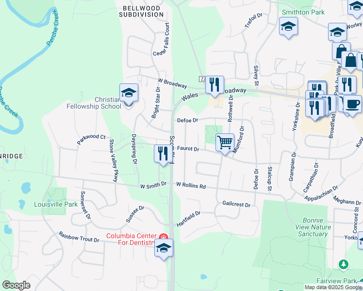 map of restaurants, bars, coffee shops, grocery stores, and more near 4207 Faurot Drive in Columbia