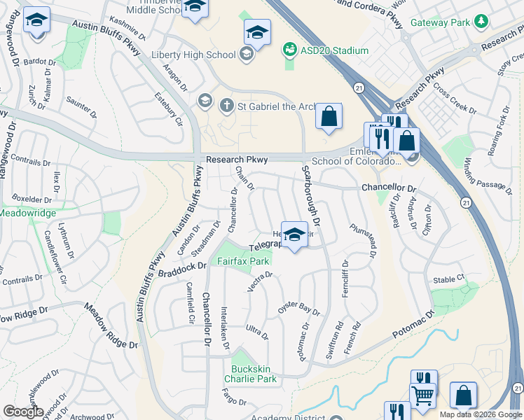 map of restaurants, bars, coffee shops, grocery stores, and more near 4858 Herndon Circle in Colorado Springs