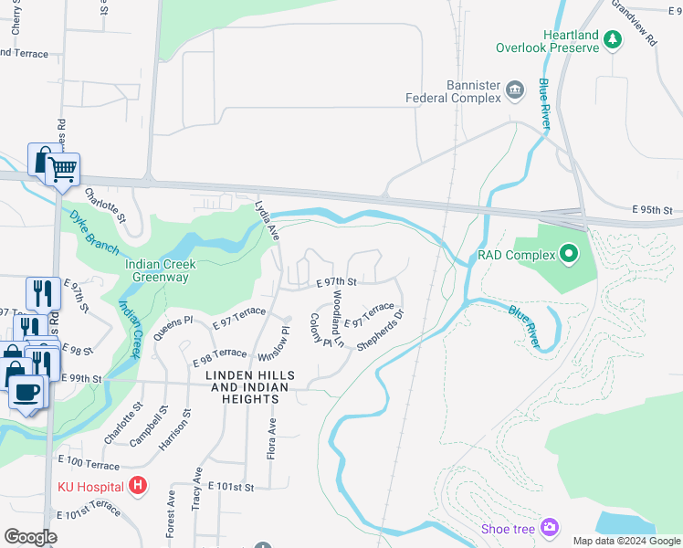 map of restaurants, bars, coffee shops, grocery stores, and more near 1700 East 97th Street in Kansas City