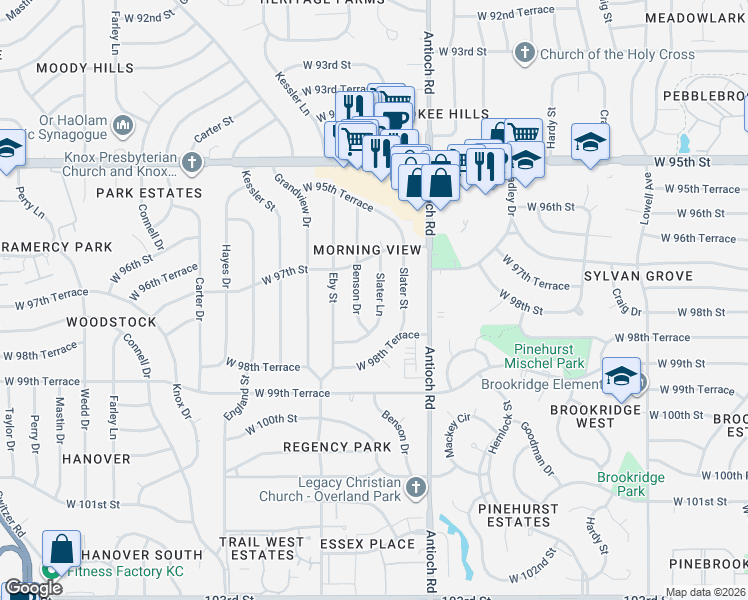 map of restaurants, bars, coffee shops, grocery stores, and more near 9721 Benson Drive in Overland Park