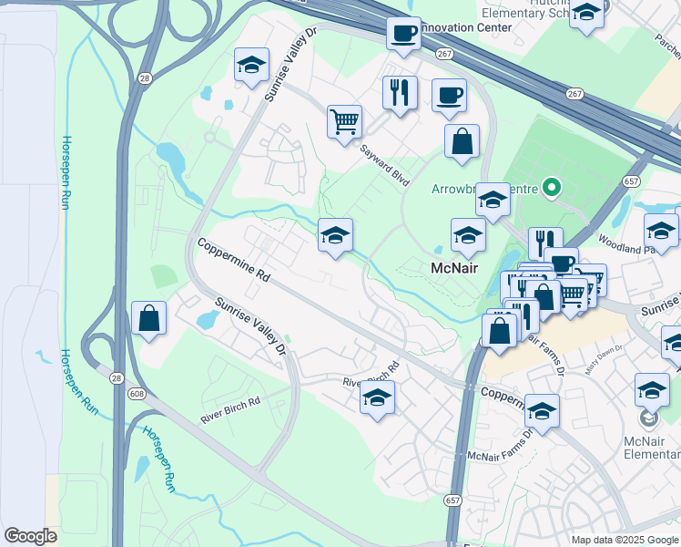 map of restaurants, bars, coffee shops, grocery stores, and more near 2480 River Birch Road in Herndon