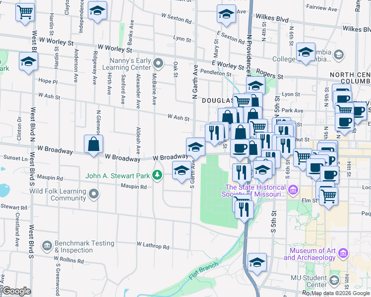 map of restaurants, bars, coffee shops, grocery stores, and more near 105 West Broadway in Columbia