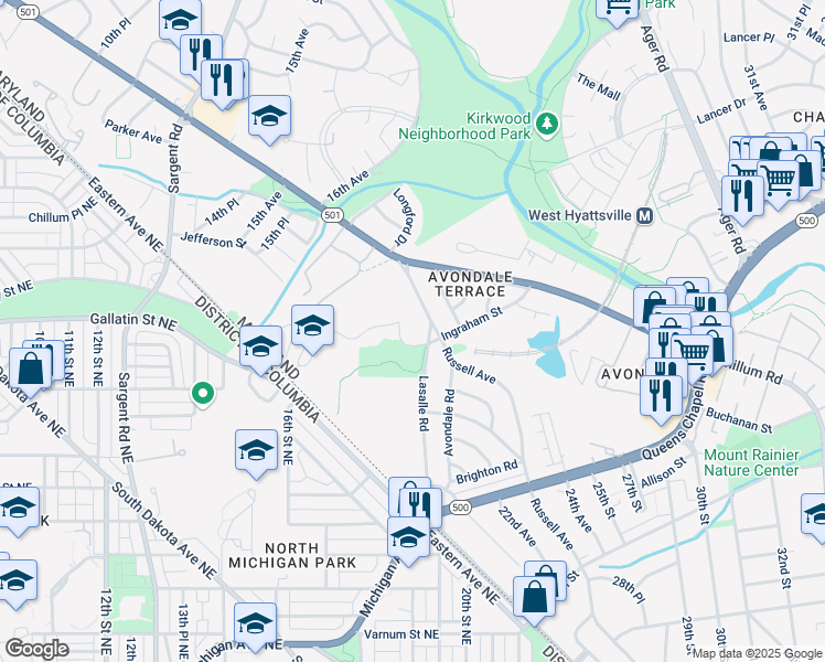 map of restaurants, bars, coffee shops, grocery stores, and more near 4918 Lasalle Road in Hyattsville
