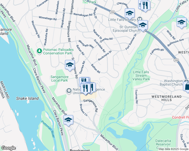 map of restaurants, bars, coffee shops, grocery stores, and more near 5001 Sentinel Drive in Bethesda