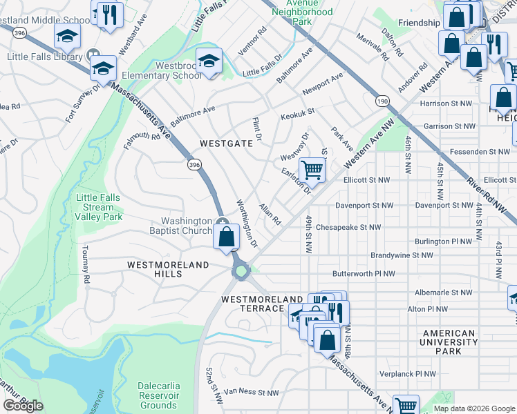 map of restaurants, bars, coffee shops, grocery stores, and more near 4966 Allan Road in Bethesda