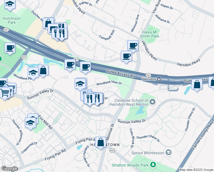 map of restaurants, bars, coffee shops, grocery stores, and more near 2246 Woodland Gap Terrace in Herndon