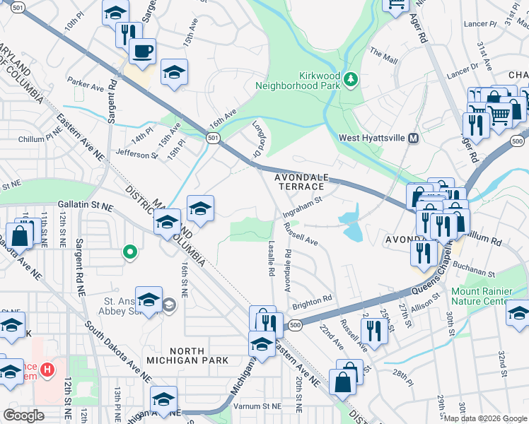 map of restaurants, bars, coffee shops, grocery stores, and more near 4918 Lasalle Road in Chillum
