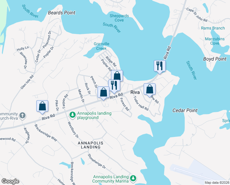 map of restaurants, bars, coffee shops, grocery stores, and more near 404 Paradise Road in Riva