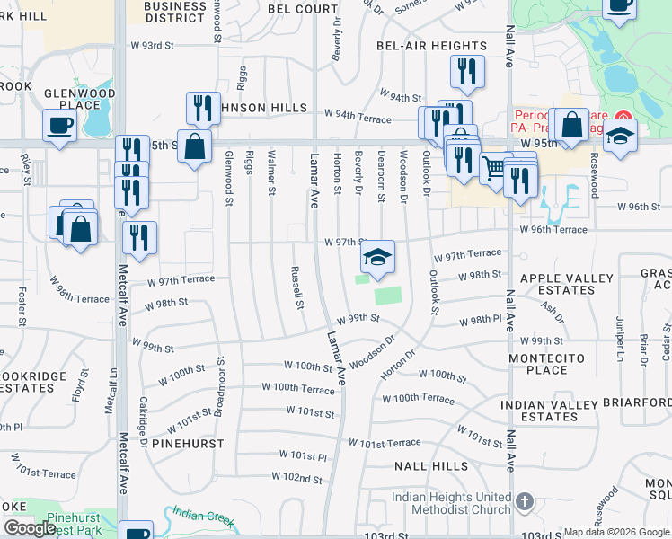 map of restaurants, bars, coffee shops, grocery stores, and more near 9724 Horton Street in Overland Park