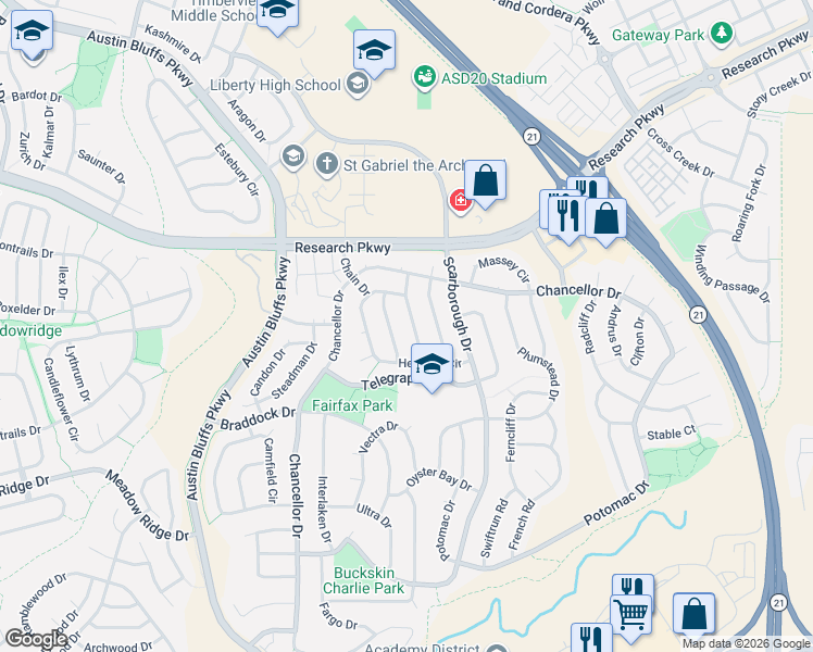 map of restaurants, bars, coffee shops, grocery stores, and more near 8264 Dolly Madison Drive in Colorado Springs