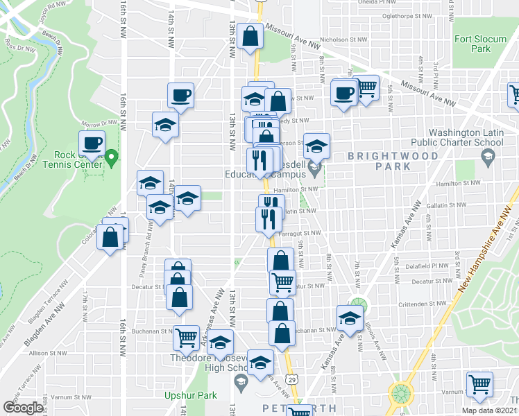 map of restaurants, bars, coffee shops, grocery stores, and more near 1207 Gallatin Street Northwest in Washington