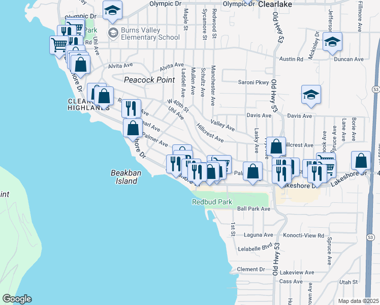 map of restaurants, bars, coffee shops, grocery stores, and more near 14634 Palmer Avenue in Clearlake