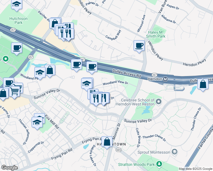map of restaurants, bars, coffee shops, grocery stores, and more near 12908 Sunrise Ridge Alley in Herndon