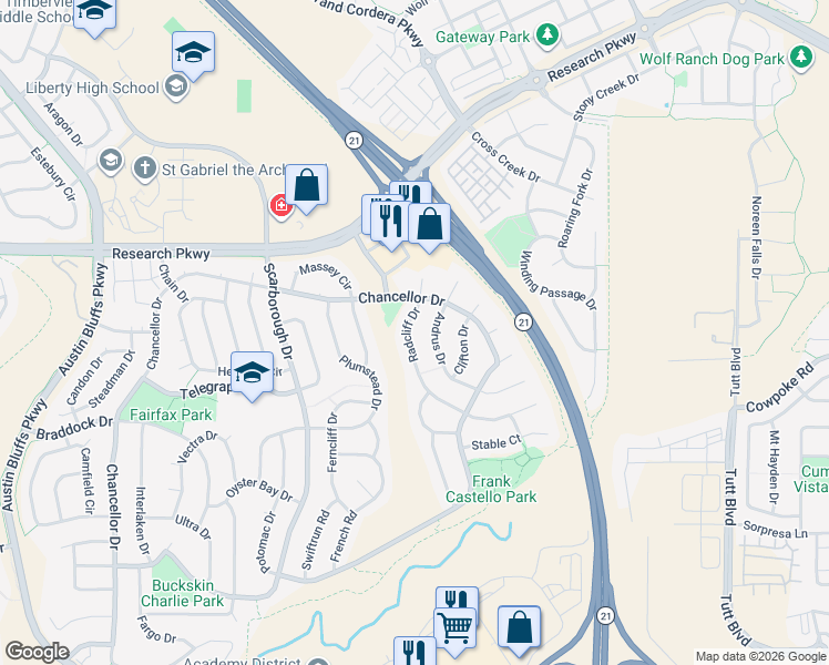 map of restaurants, bars, coffee shops, grocery stores, and more near 8243 Radcliff Drive in Colorado Springs