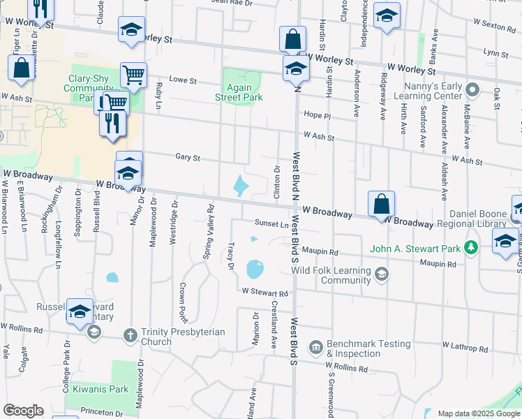 map of restaurants, bars, coffee shops, grocery stores, and more near 1110 West Broadway in Columbia