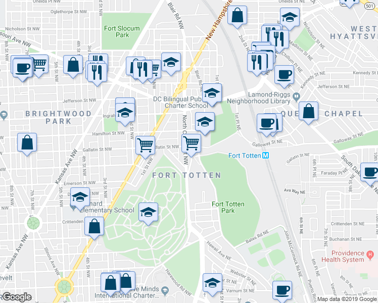map of restaurants, bars, coffee shops, grocery stores, and more near 5039 North Capitol Street Northeast in Washington