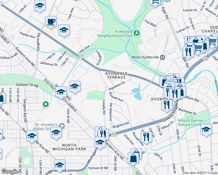 map of restaurants, bars, coffee shops, grocery stores, and more near 1900 Ingraham Street in Hyattsville