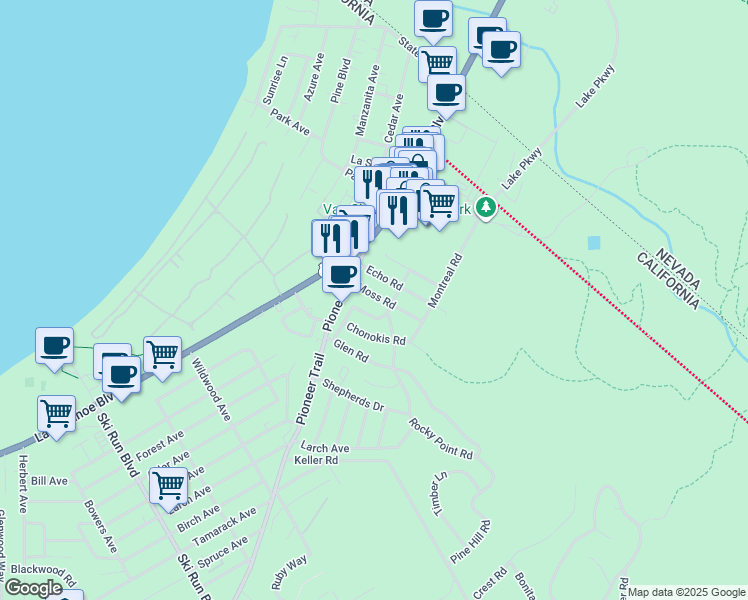 map of restaurants, bars, coffee shops, grocery stores, and more near 1022 Moss Road in South Lake Tahoe