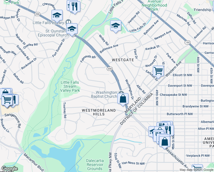 map of restaurants, bars, coffee shops, grocery stores, and more near 5227 Farrington Road in Bethesda