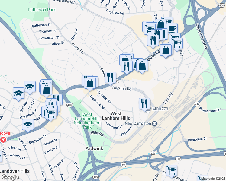 map of restaurants, bars, coffee shops, grocery stores, and more near 7405 Harkins Road in Lanham