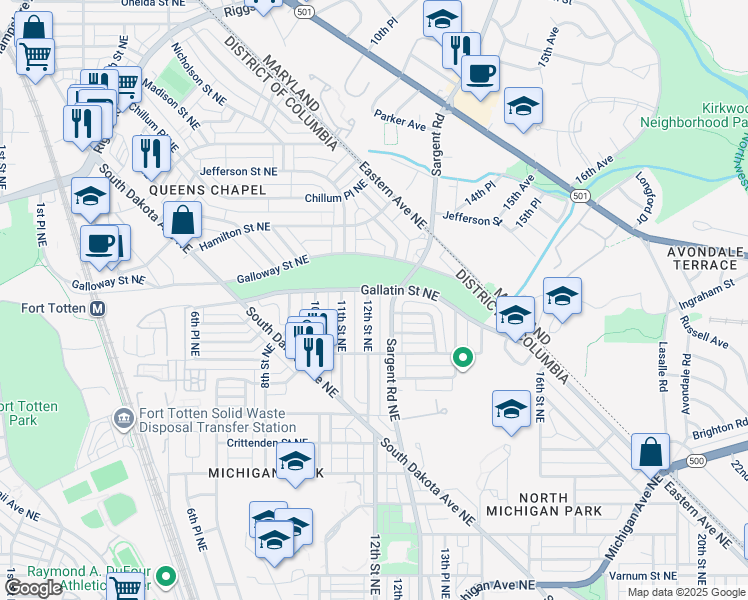 map of restaurants, bars, coffee shops, grocery stores, and more near 5049 12th Street Northeast in Washington