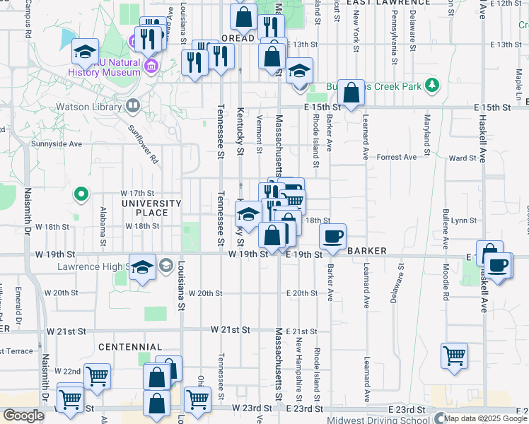 map of restaurants, bars, coffee shops, grocery stores, and more near 1740 Vermont Street in Lawrence